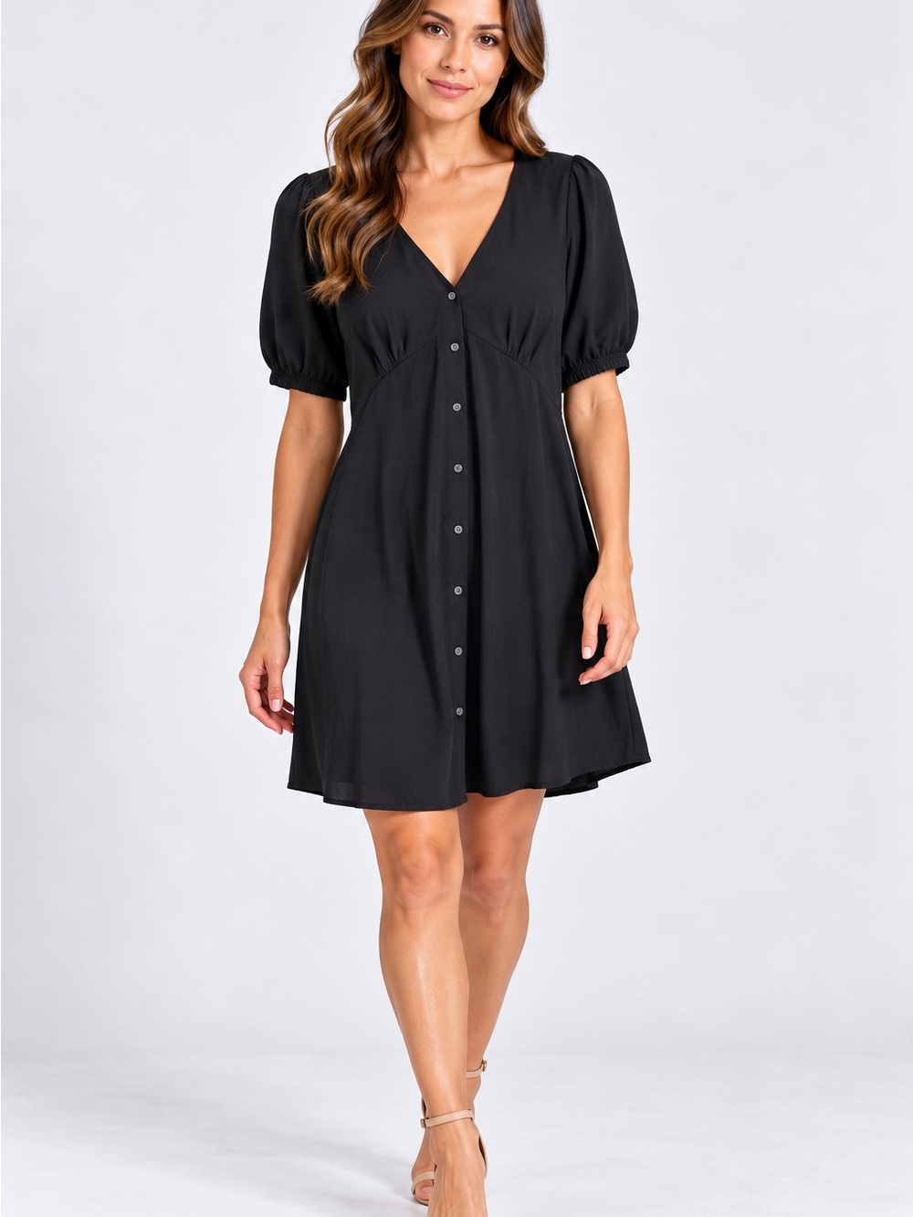 GAP Black Button-Front V-Neck Puff Sleeve Mini Dress